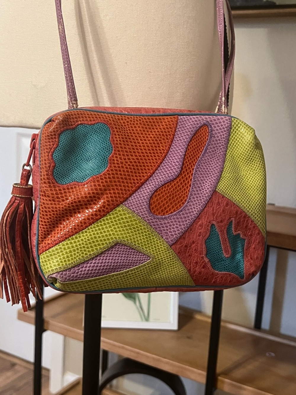 Vintage Sharif Leather Patchwork Crossbody Bag Boho Festival 90s Colorful